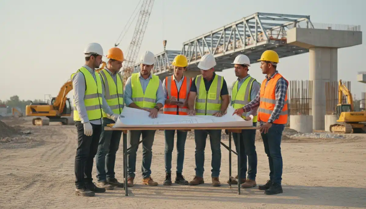 Construction workers reviewing blueprints at an infrastructure project site.