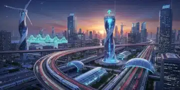 Modern infrastructure with highways, trains, and renewable energy projects symbolizing the 2026 plan.