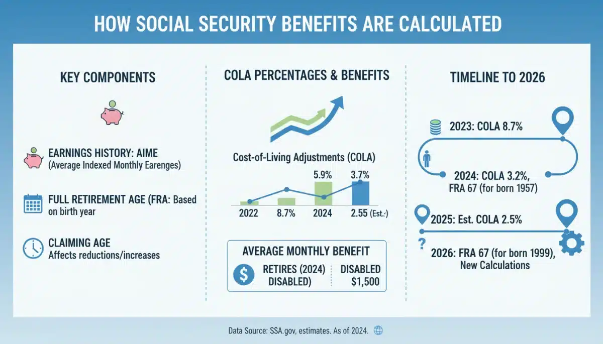 Infographic showing Social Security benefit calculation and 2026 projections
