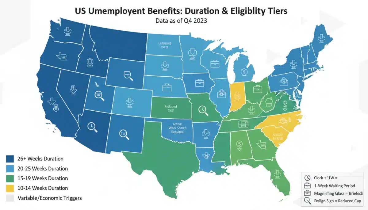 Infographic of US states showing varied unemployment benefit criteria