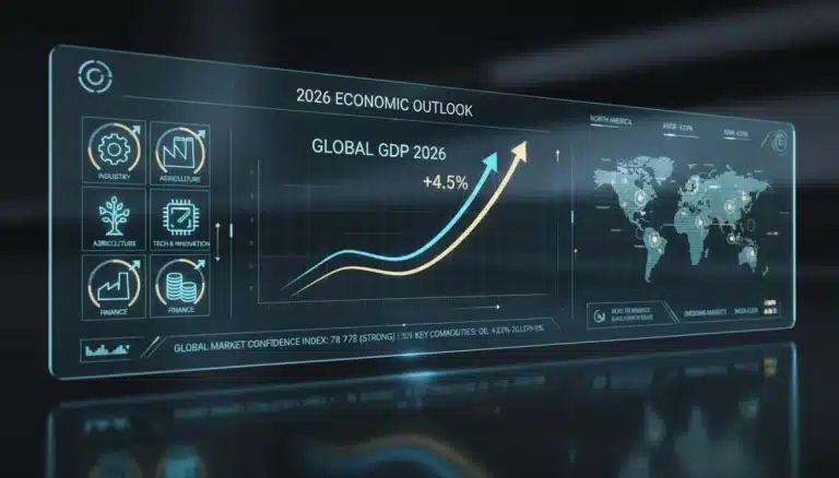 Digital dashboard showing 2026 economic forecast with GDP growth and sector indicators