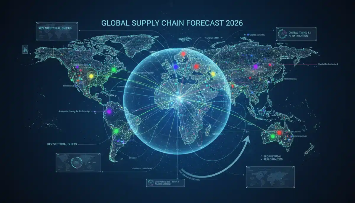 Global supply chain network illustrating interconnected economic sectors and shifts