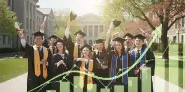 Graduates celebrating with financial charts overlay