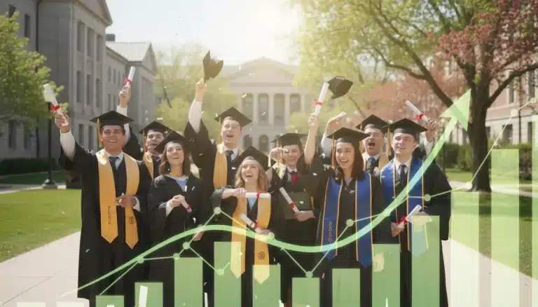 Graduates celebrating with financial charts overlay