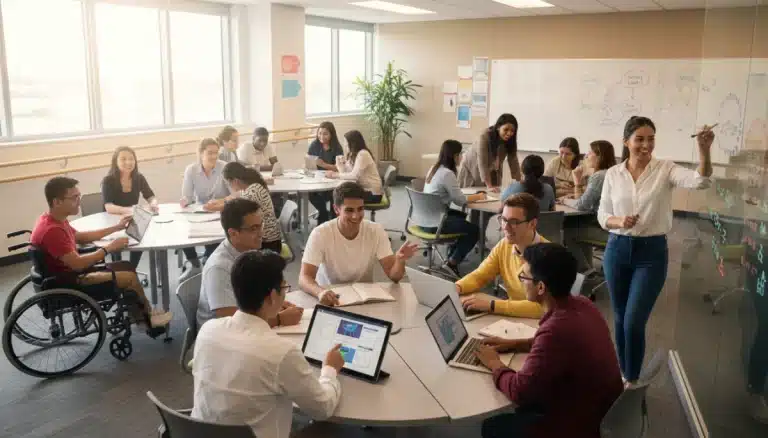 Diverse students and teacher in an inclusive classroom setting